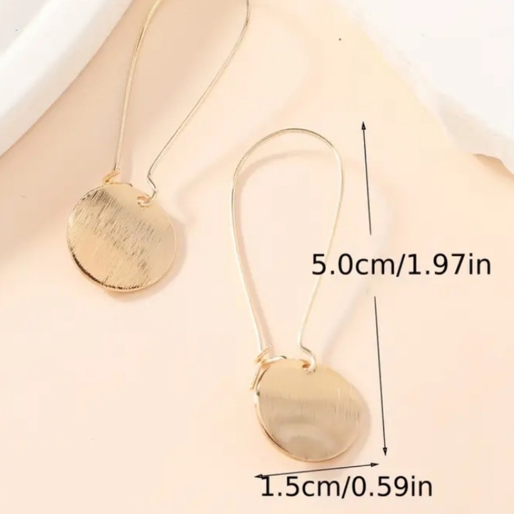 Brushed Gold Glossy Disc Drop Hook Earrings - Picture 7 of 9